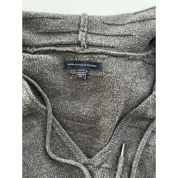 American Eagle AEO Womens Hoodie Sweater Brown Knit V-Neck Drawstring Pullover L - Picture 2 of 5
